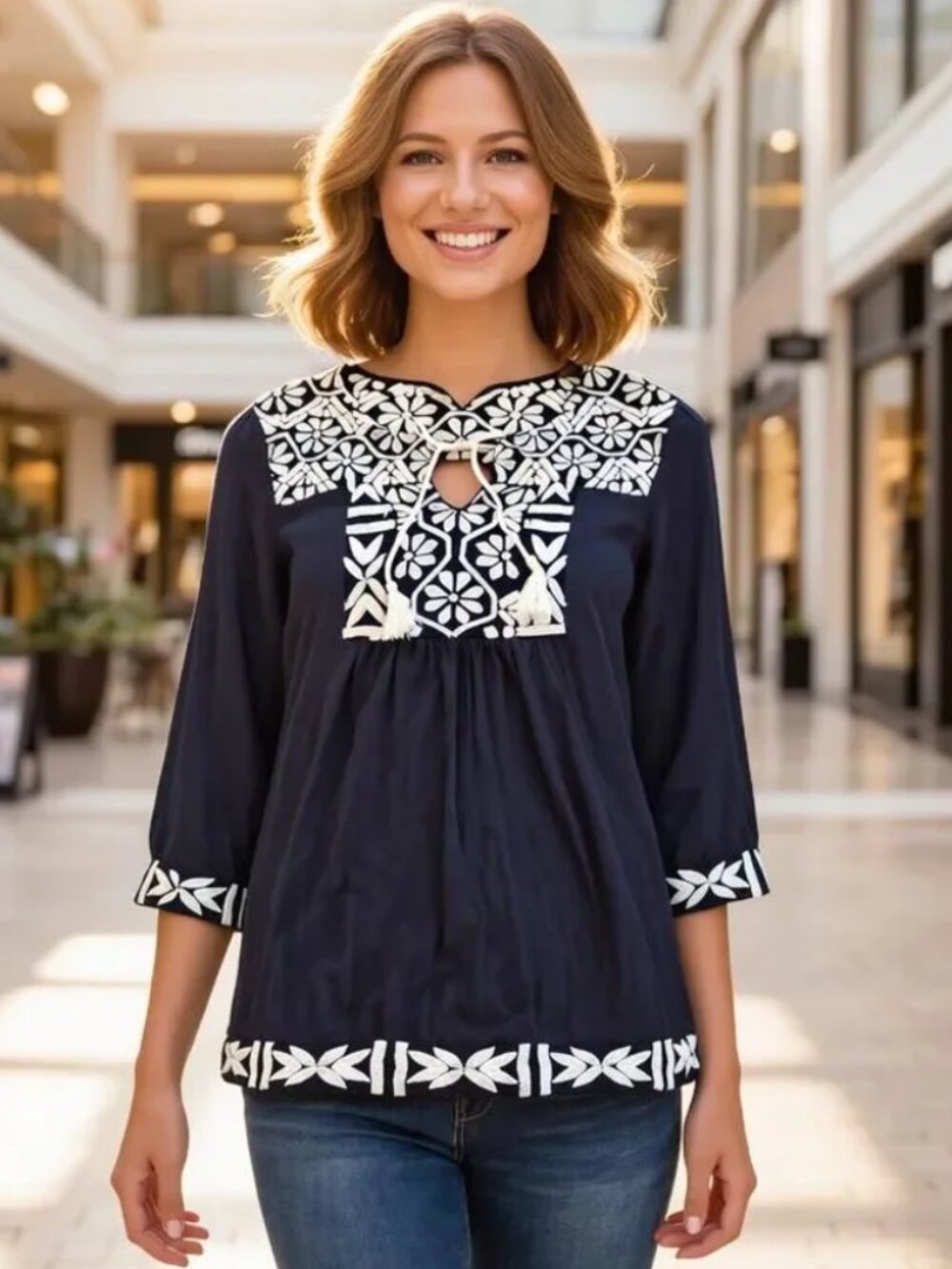 Lucky Brand (Large) Navy Floral Embroidered V-Neck Boho Blouse Top